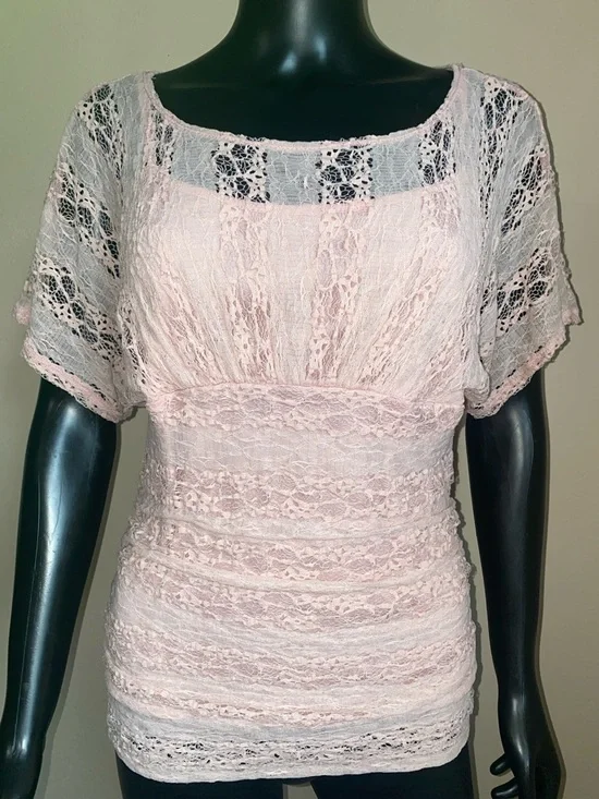 HeartSoul Y2K Darling Blush Pink Lace Short Sleeve Blouse - Picture 4 of 14
